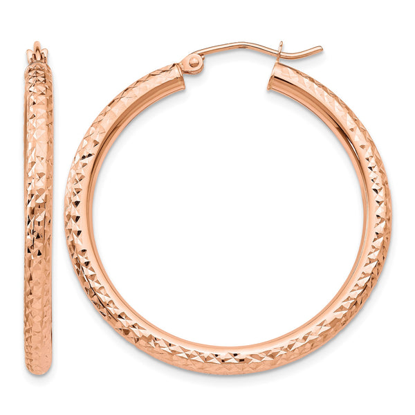 10K Rose Gold Diamond-cut 3mm Round Hoop Earrings - Birthstone Company