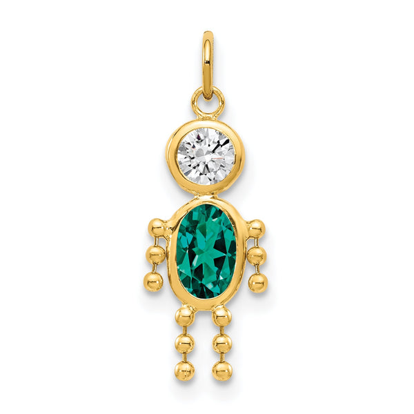 10K Gold Polished Boy Birthstone Charm with May Synthetic Emerald