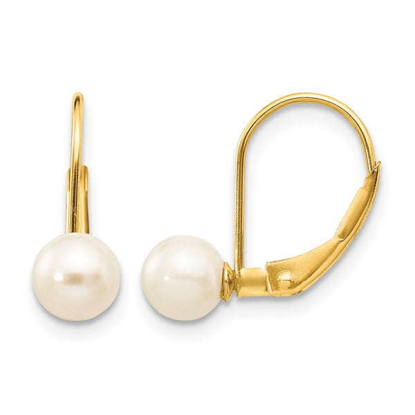 10k 5-6mm White Round Freshwater Cultured Pearl Leverback Earrings - Birthstone Company