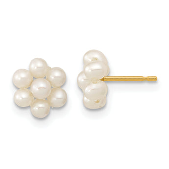10k 2-3mm White Button Freshwater Cultured Pearl Flower Post Earrings