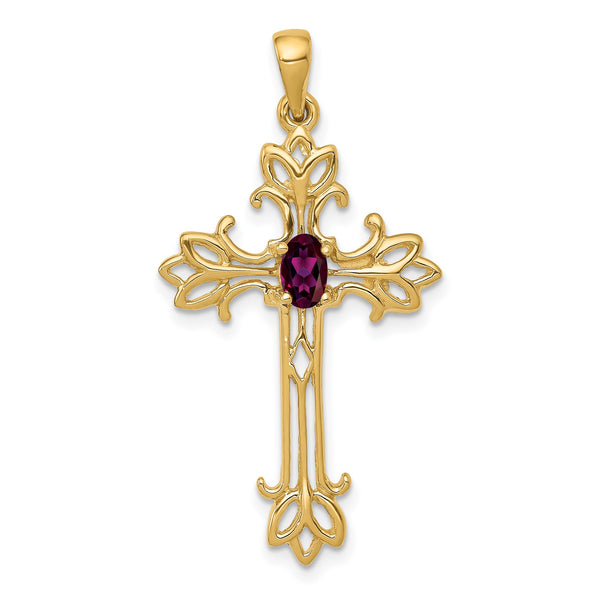 10K 5x3mm Oval Rhodolite Garnet cross pendant - Birthstone Company