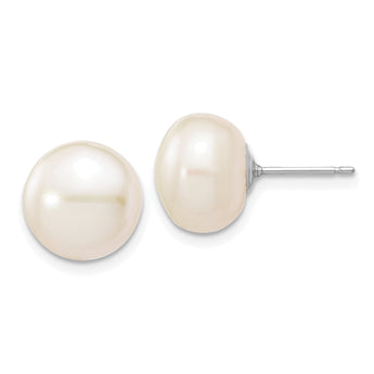 10k White Gold 10-11mm White Button Freshwater Cultured Pearl Stud Post Earrings