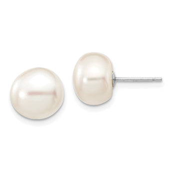 10k White Gold 9-10mm White Button Freshwater Cultured Pearl Stud Post Earrings