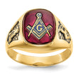 10k Men's Polished and Textured with Black Enamel and Lab Created Ruby Masonic Ring