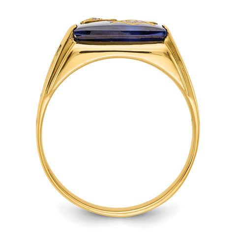 10 Karat Men's Polished and Textured with Black Enamel, Imitation Blue Spinel and AA Quality Diamond Masonic Ring