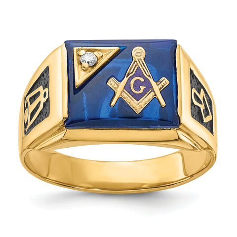 10 Karat Men's Polished and Textured with Black Enamel, Imitation Blue Spinel and AA Quality Diamond Masonic Ring