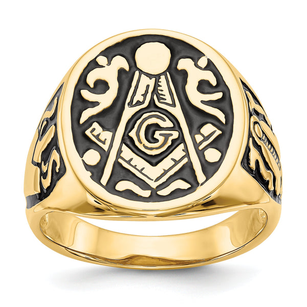 10k Men's Polished and Grooved with Black Enamel Masonic Ring