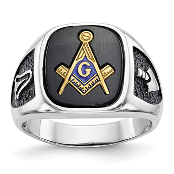 10k White Gold and Gold-plated Polished and Textured with Black Enamel and Onyx Masonic Ring