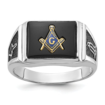 10k White Gold Men's Polished and Textured with Black Enamel and Onyx Masonic Ring