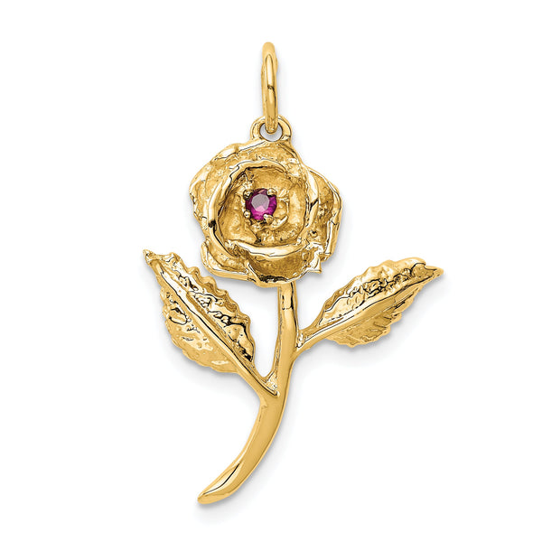 14K Gold Rose Pendant with Red CZ Stone Elegant Polished Finish