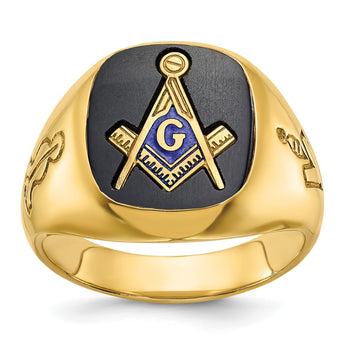 Men's Onyx Masonic Grooved Ring in 14K Yellow Gold, Size 10