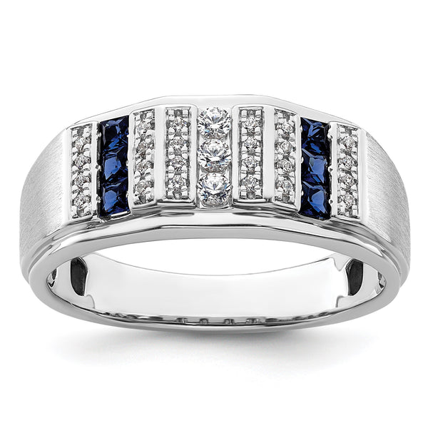 14k White Gold 1/5 carat Lab Grown Diamond VS/SI+ G+ and Lab Created Blue Sapphire Complete Men's Ring, Size 10 - Birthstone Company