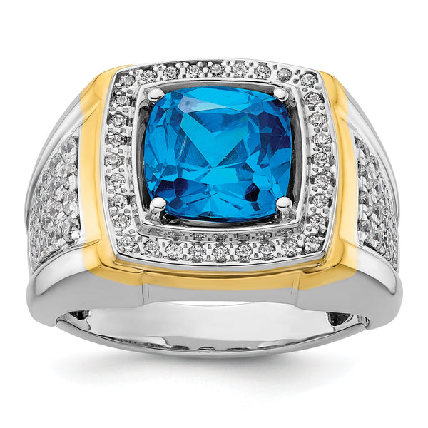14k Two-Tone 3/4 carat Lab Grown Diamond VS/SI+ G+ and Blue Topaz Complete Men's Ring, Size 10 - Birthstone Company