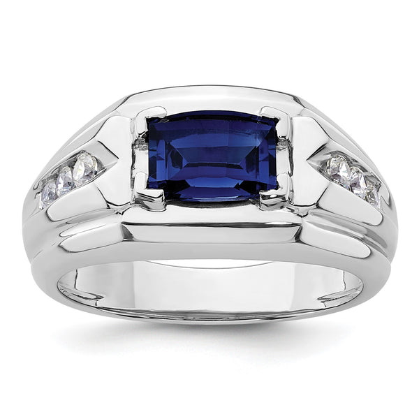 14k White Gold 1/4 carat Lab Grown Diamond VS/SI+ G+ and Lab Created Blue Sapphire Complete Men's Ring, Size 10 - Birthstone Company