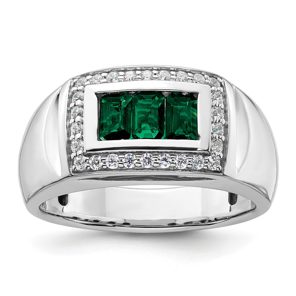 14k White Gold 1/3 carat Lab Grown Diamond VS/SI+ G+ and Created Emerald Complete Men's Ring, Size 10 - Birthstone Company