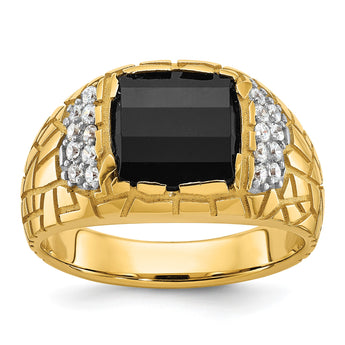 14k Men's Polished and Nugget Textured Onyx and 1/4 Carat Lab Grown Diamond Ring, Size 10 - Birthstone Company