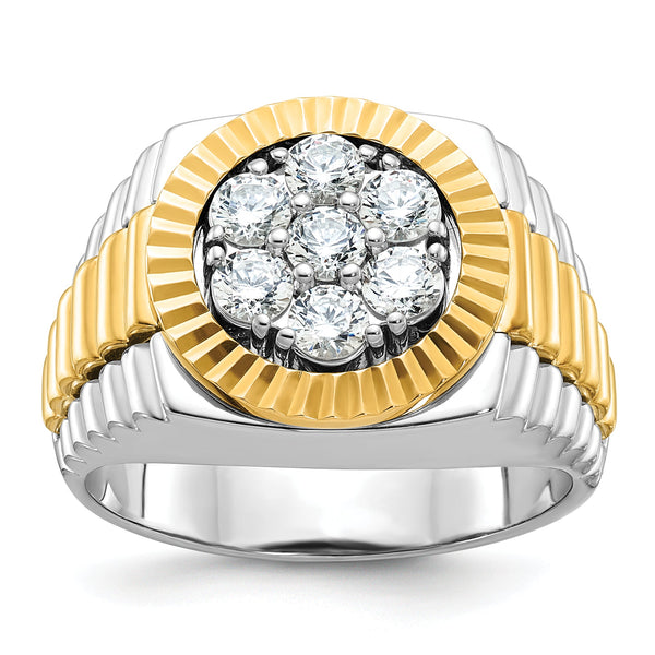 14k Two-tone Men's Polished and Textured 1 Carat AA Quality Round Cluster Ring
