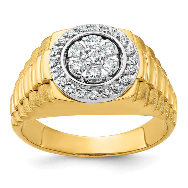 14k Two-tone Men's Polished Satin and Ribbed Round 1/2 Carat Lab Grown Diamond Cluster Ring, Size 10 - Birthstone Company