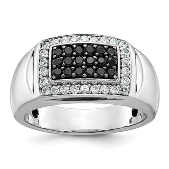 14k White Gold Men's Polished and Cut-Out 3/4 Carat Black Mined Diamonds and White Lab Grown Diamonds Rectangle Ring - Sophia Jewelers