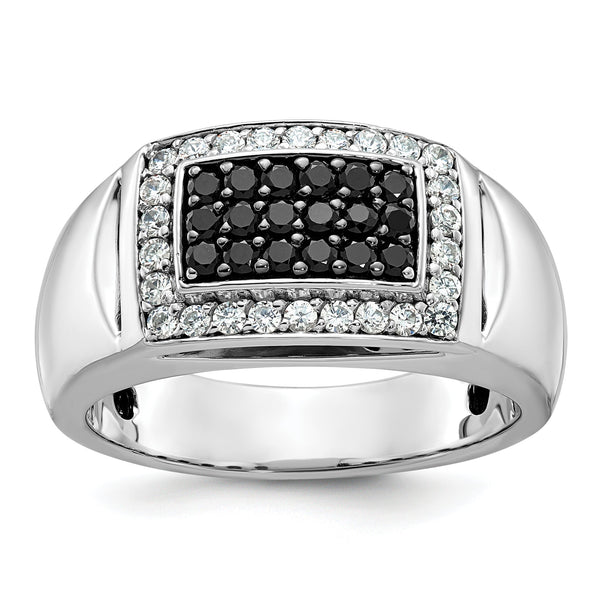 14k White Gold Men's Polished and Cut-Out 3/4 Carat Black Mined Diamonds and White Lab Grown Diamonds Rectangle Ring - Sophia Jewelers