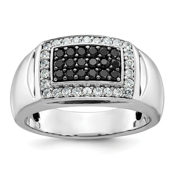 14k White Gold Men's Polished and Cut-Out 3/4 Carat Black Mined Diamonds and White Lab Grown Diamonds Rectangle Ring, Size 10 - Birthstone Company