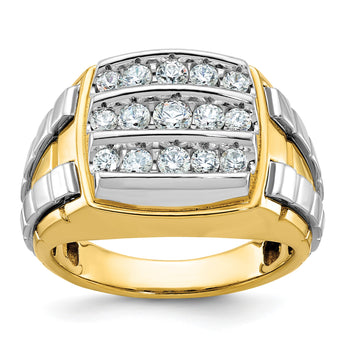 14k Two-tone Men's Polished and Grooved 3-Row 1 Carat Lab Grown Diamond Cluster Ring, Size 10 - Birthstone Company