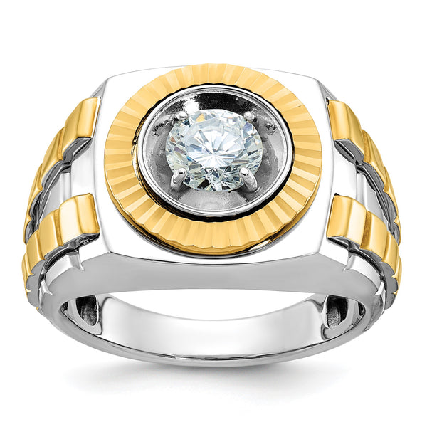14k Two Tone 1 carat Lab Grown Diamond VS/SI+ G+ Complete Polished Satin and Textured Men's Ring, Size 10 - Birthstone Company