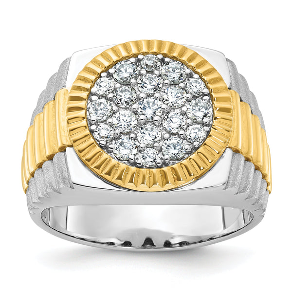 14k Two-tone Men's Polished Satin and Ribbed 1 1/8 Carat Lab Grown Diamond Round Cluster Ring - Sophia Jewelers