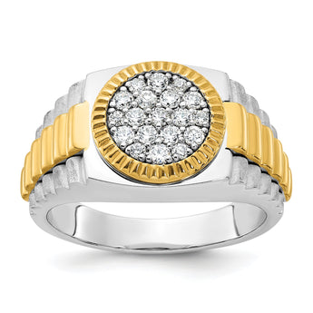 14k Two-tone Men's Polished Satin and Ribbed 1/2 Carat Lab Grown Diamond Round Cluster Ring, Size 10 - Birthstone Company