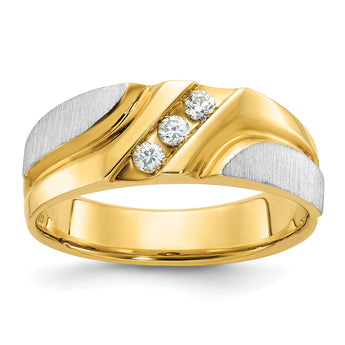 14k Two-tone Men's Polished Satin and Grooved 3-Stone 1/6 Carat AA Quality Diamond Ring