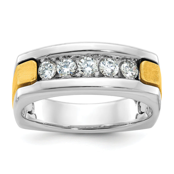 14k Two-tone Men's Polished Satin and Grooved 5-Stone 1/2 Carat AA Quality Diamond Square Ring