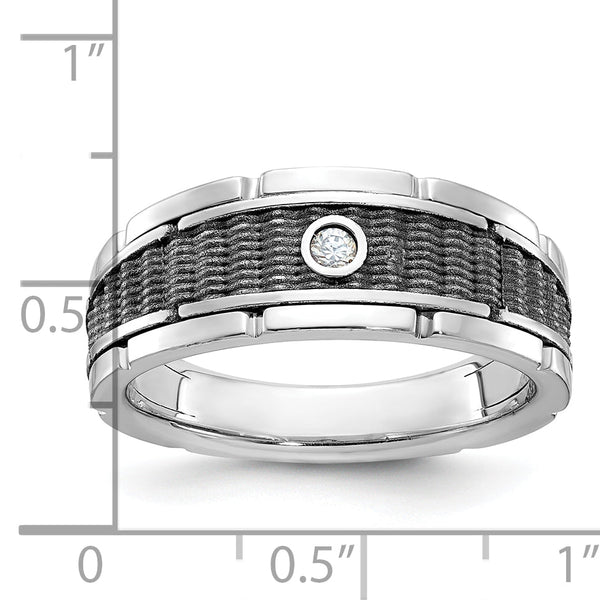 14k White Gold with Black Rhodium Men's Polished and Textured 1/20 Carat AA Quality Solitaire Diamon