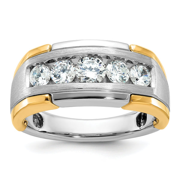 14k Two-tone Men's Polished Satin and Grooved 5-Stone 1 Carat AA Quality Diamond Ring