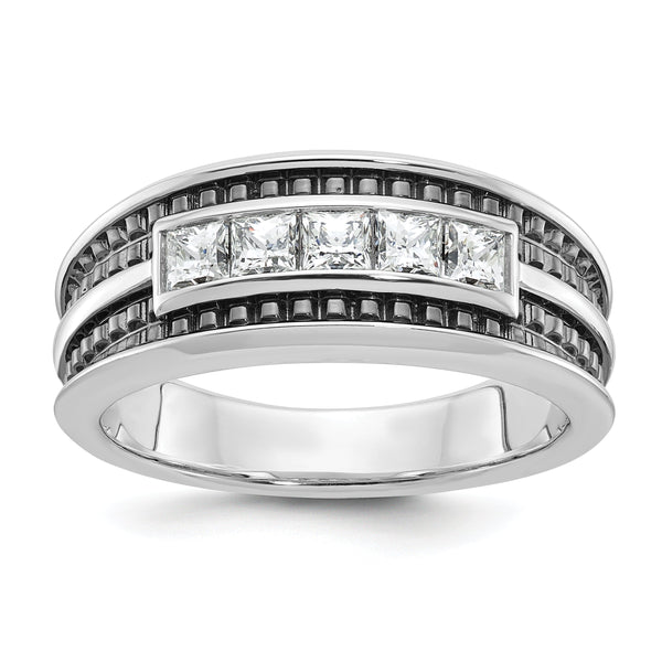 14k White Gold with Black Rhodium Men's Polished and Textured Square 5-Stone 3/4 Carat AA Quality Di