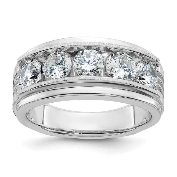 14k White Gold Men's Polished Satin and Grooved 5-Stone 2 Carat Lab Grown Diamond Ring - Sophia Jewelers
