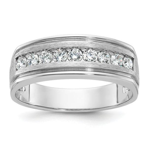 14k White Gold Men's Polished Brushed and Grooved 9-Stone 1/2 Carat AA Quality Diamond Ring