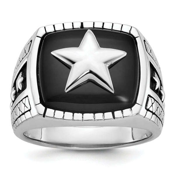 Men's Cushion Onyx Star Ring in 14K White Gold, Antiqued, Size 10