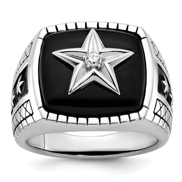 14k White Gold Mens Antiqued Cushion Onyx and 1/20 carat Diamond Complete Star Ring