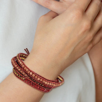 Sandstone Beaded Cord Multi-Wrap Bracelet in Leather, 7mm, 34 Inch