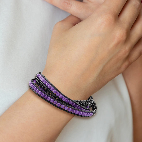 Quartz Beads Cord Multi-Wrap Bracelet in Leather, 7mm, 34 Inch