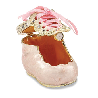 Luxury Giftware Pewter Bejeweled Crystals Gold-tone Enameled IT'S A GIRL Pink Baby Bootie Trinket Box with Matching 18 Inch Necklace