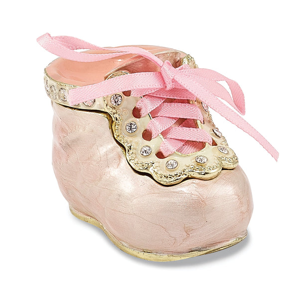 Luxury Giftware Pewter Bejeweled Crystals Gold-tone Enameled IT'S A GIRL Pink Baby Bootie Trinket Box with Matching 18 Inch Necklace