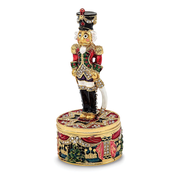 Luxury Giftware Pewter Bejeweled Crystals Gold-tone Enameled CHRISTOPH Nutcracker Trinket Box with Matching 18 Inch Necklace