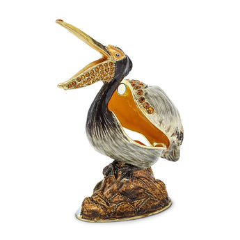 Luxury Giftware Pewter Bejeweled Crystals Gold-tone Enameled PATSY Pelican on Rocks Trinket Box with Matching 18 Inch Necklace