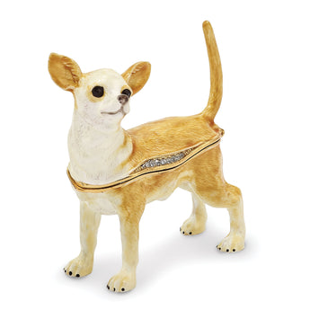 Luxury Giftware Pewter Bejeweled Crystals Gold-tone Enameled SAMSON Chihuahua Trinket Box with Matching 18 Inch Necklace