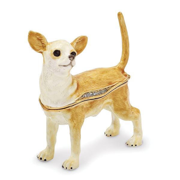 Luxury Giftware Pewter Bejeweled Crystals Gold-tone Enameled SAMSON Chihuahua Trinket Box with Matching 18 Inch Necklace