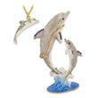 Luxury Giftware Pewter Bejeweled Crystals Gold-tone Enameled FIONA & FINN Mother & Baby Dolphins Trinket Box with Matching 18 Inch Necklace