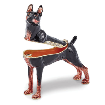 Luxury Giftware Pewter Bejeweled Crystals Gold-tone Enameled RALEIGH Doberman Pinscher Trinket Box with Matching 18 Inch Necklace