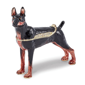 Luxury Giftware Pewter Bejeweled Crystals Gold-tone Enameled RALEIGH Doberman Pinscher Trinket Box with Matching 18 Inch Necklace