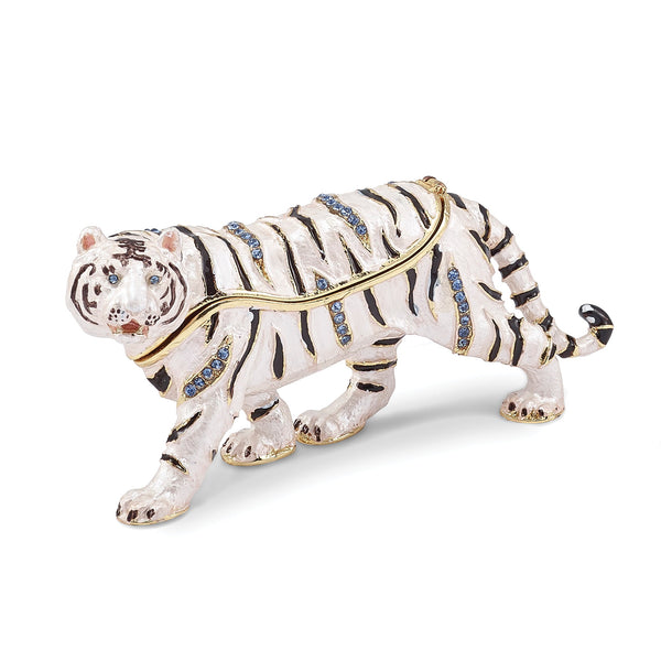 Luxury Giftware Pewter Bejeweled Crystals Gold-tone Enameled MALA White Tiger Trinket Box with Matching 18 Inch Necklace